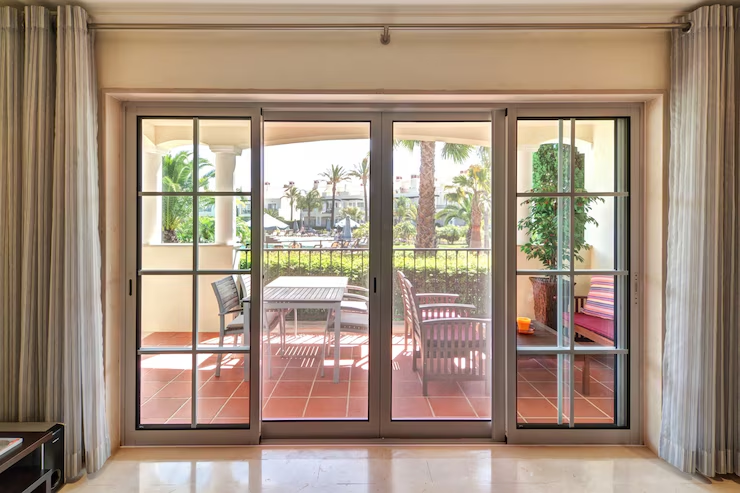 Room window with views of the terrace and green gardens_
